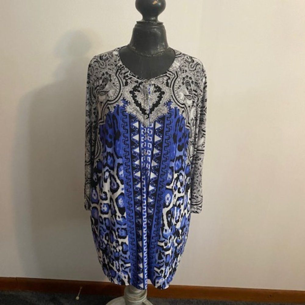 Peter Nygard Black/Blue/White Paisley 3/4 sleeves tunic, size 1X